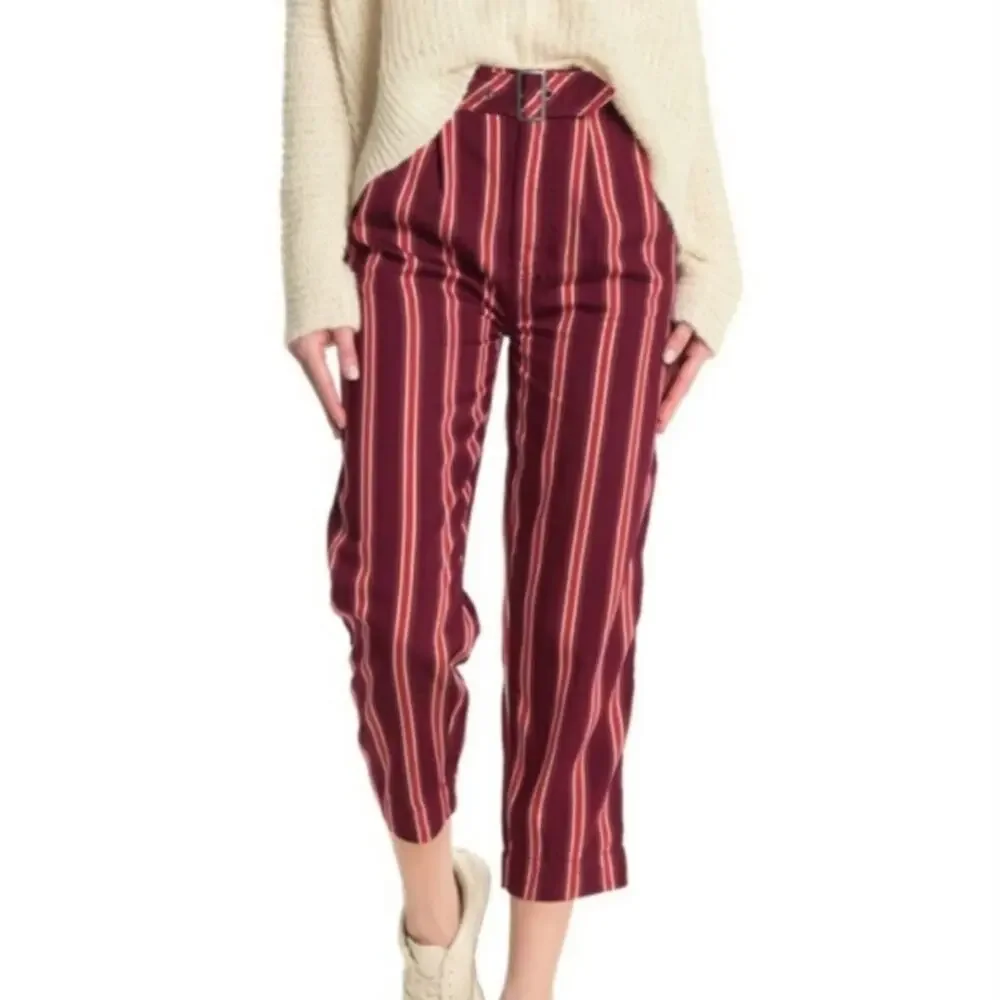 Free People Seemed Like Stripe Belted Crop Pant in Burgundy/Red Sz 2 Office Boho